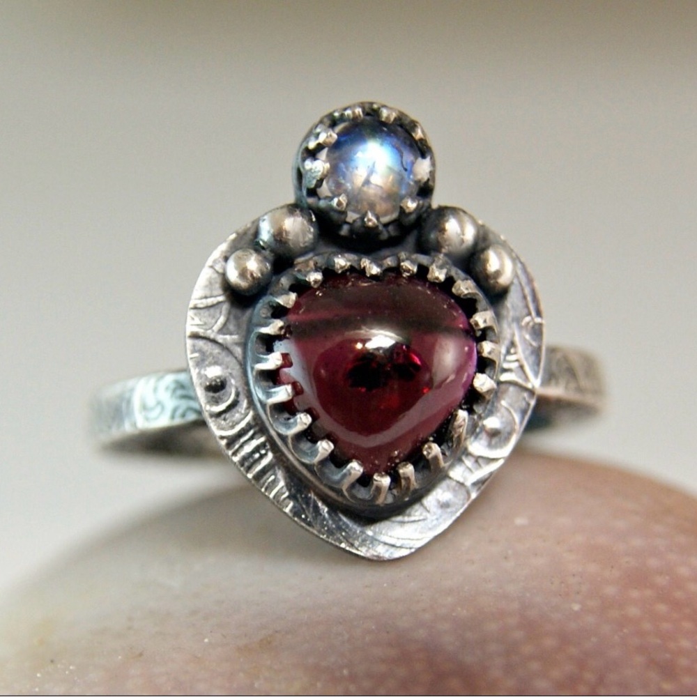 Hand Made Sacred Heart Garnet with Moonstone SterlingSilver Ring. Size 8 - Picture 2 of 5